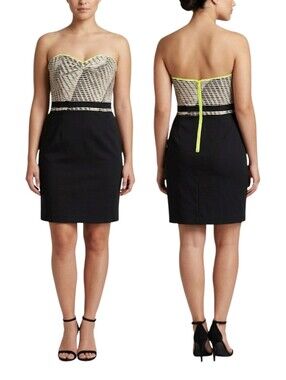 Silence + Noise Mini Dress Black Neon Yellow Piping Stretch Strapless Size Large